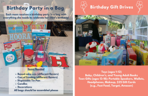 Maggie's Place needs birthday in a bag supplies such as cake mixes, frosting can, and decor.
